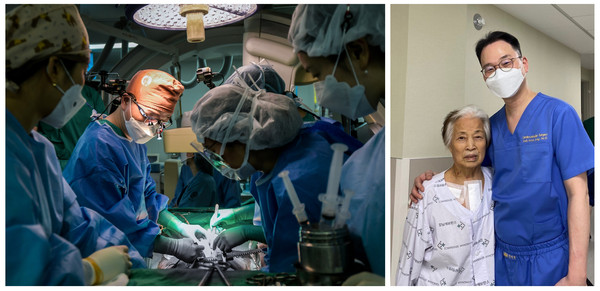 (사진) (좌)하이브리드 스텐트 그라프트 수술 중인 송석원 교수 (우)수술을 마친 환자와 송석원 교수