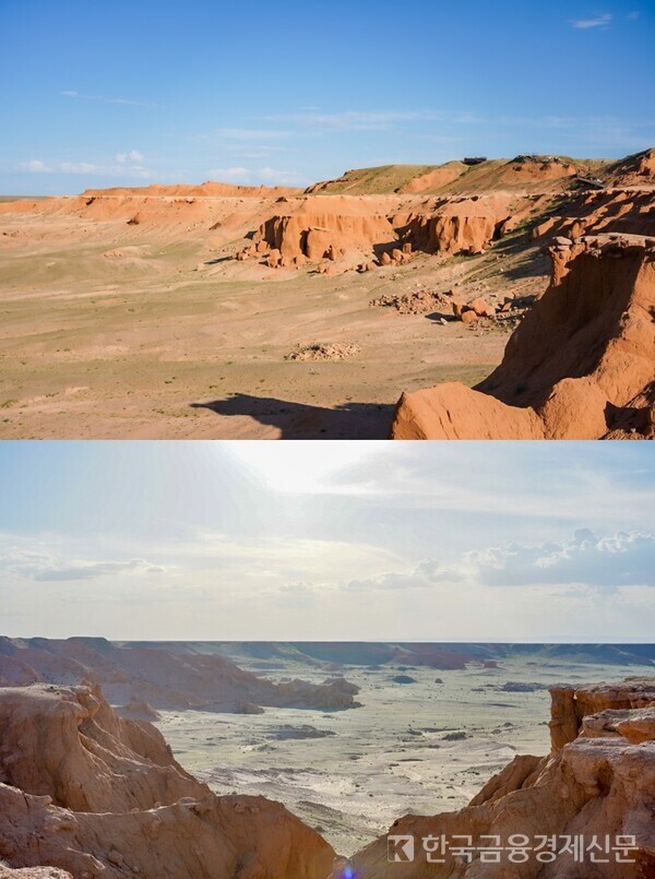 몽골의 그랜드 캐니언 ‘차강소브라가’(위)와 불타는 절벽 ‘바양작’. 사진=김성훈 기자