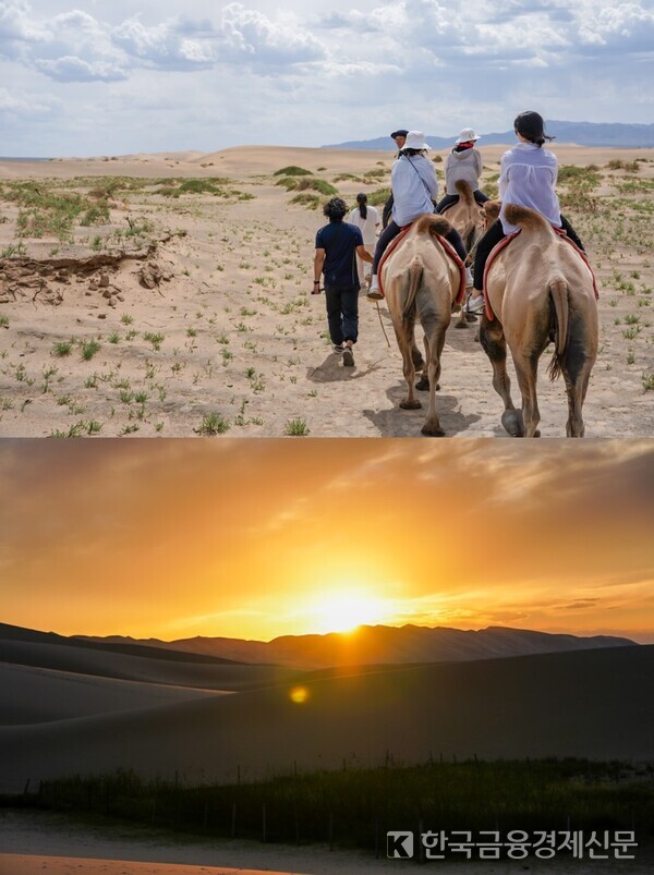 낙타체험(위)과 ‘홍고린엘스’ 일몰. 사진=김성훈 기자