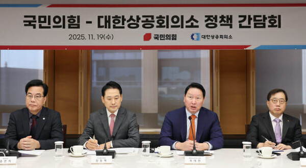 최태원 대한상의 회장이 국민의힘-대한상공회의소 정책 간담회에서 인사말을 하고 있다. 사진=대한상의