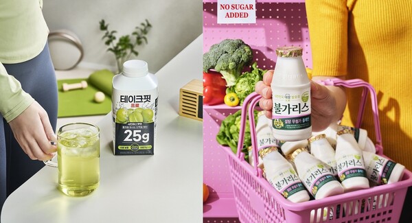 남양유업, 워터형 단백질 음료 ‘테이크핏 프로 샤인머스캣맛’(좌) ‘불가리스 설탕 무첨가 플레인’(우). 사진=남양유업