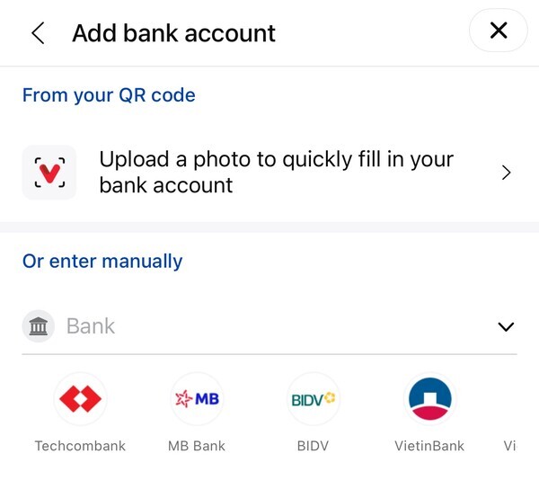 Zalo앱 QR결제 사용을 위한 계좌 등록 탭. 베트남 현지 계좌로만 등록이 가능하다. 사진=김미소 기자